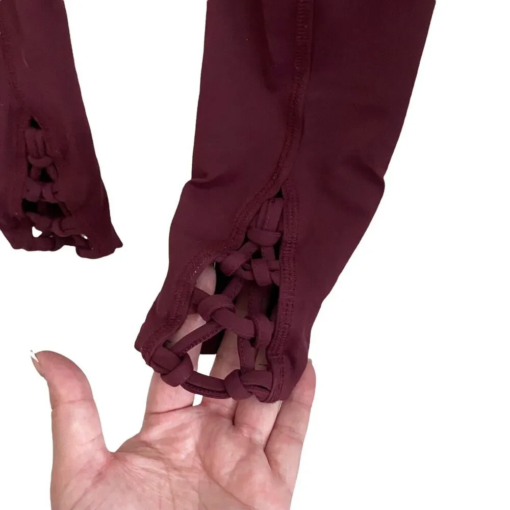 FP Movement XS Cropped Leggings Lace Up Back Maroon Free People